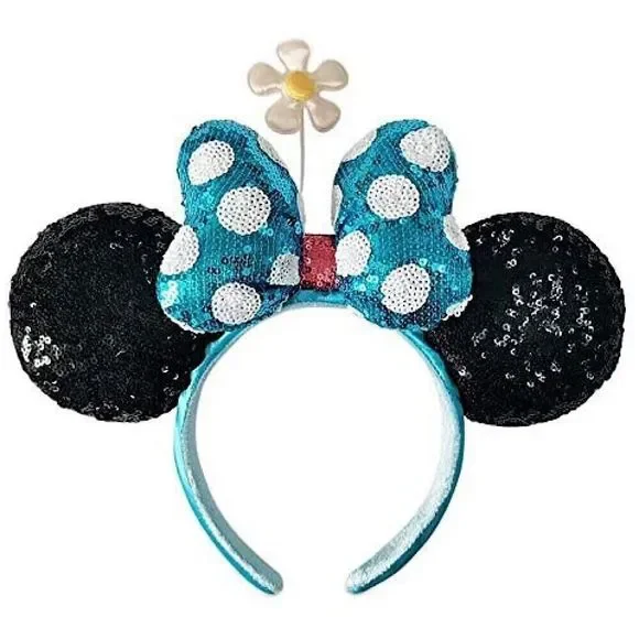 NWT Sequin Minnie Mouse Ears Headband - Blue White Polka Dot Bow Disney Minnie Mouse Sequin Blue and White Polka Dot Bow with  main image 3